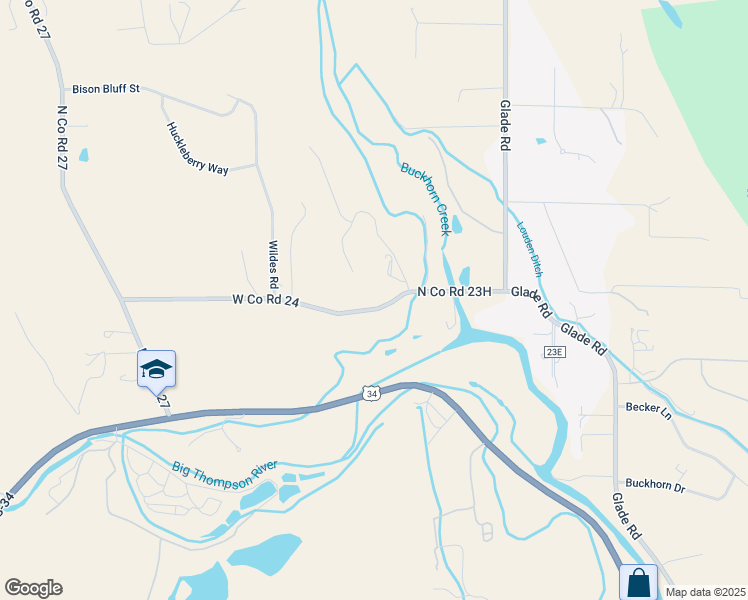 map of restaurants, bars, coffee shops, grocery stores, and more near 7085 West County Road 24 in Loveland