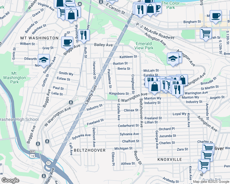 map of restaurants, bars, coffee shops, grocery stores, and more near 317 Kingsboro Street in Pittsburgh