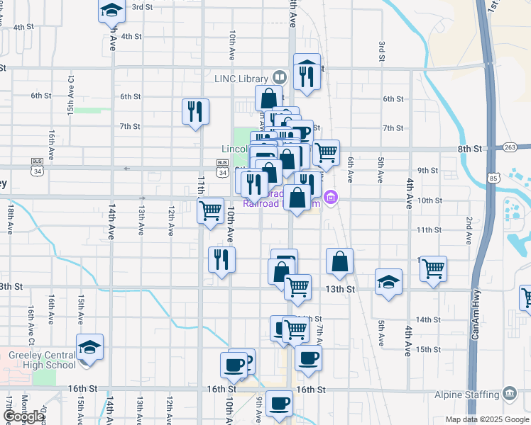 map of restaurants, bars, coffee shops, grocery stores, and more near 1010 9th Avenue in Greeley