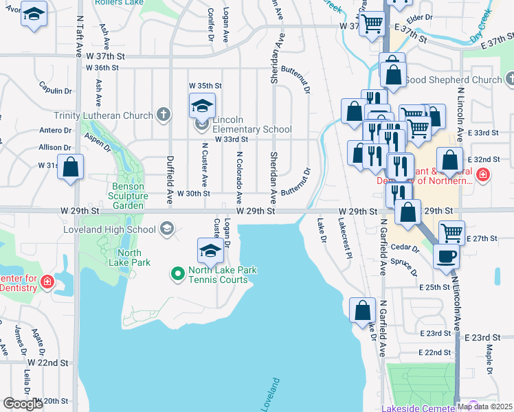 map of restaurants, bars, coffee shops, grocery stores, and more near 613 West 29th Street in Loveland