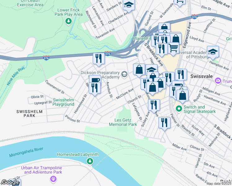 map of restaurants, bars, coffee shops, grocery stores, and more near 1714 Tonette Street in Pittsburgh