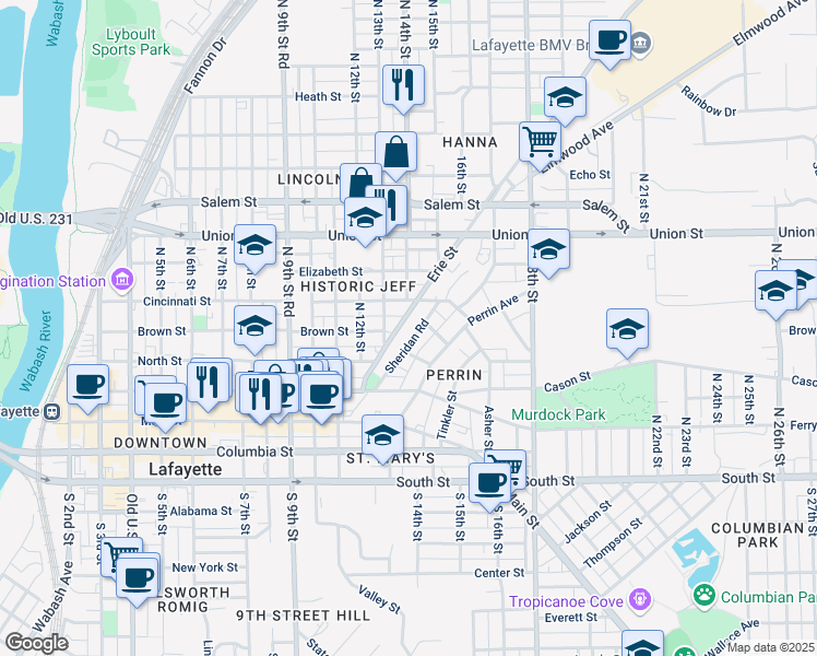 map of restaurants, bars, coffee shops, grocery stores, and more near 1405 Johnson Street in Lafayette