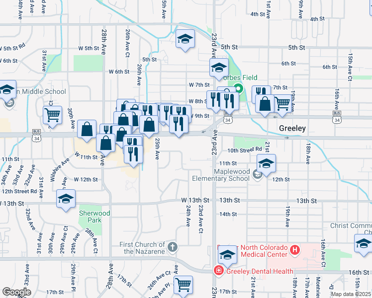 map of restaurants, bars, coffee shops, grocery stores, and more near 2435 West 11th Street in Greeley