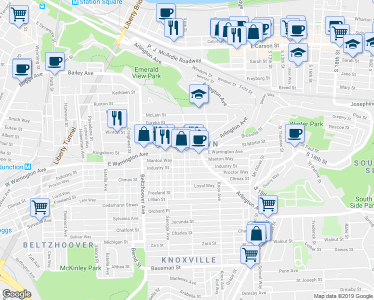map of restaurants, bars, coffee shops, grocery stores, and more near 801 East Warrington Avenue in Pittsburgh