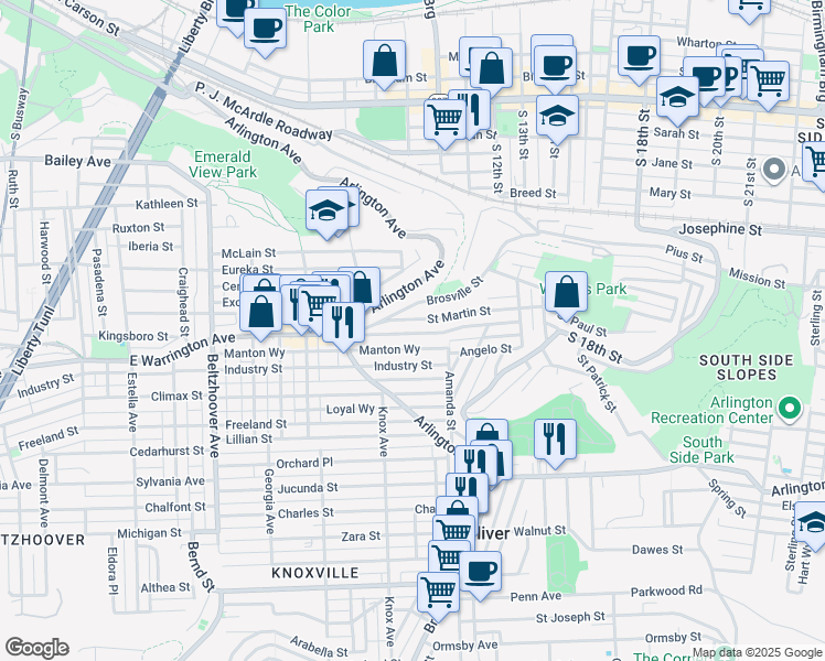 map of restaurants, bars, coffee shops, grocery stores, and more near 969 East Warrington Avenue in Pittsburgh