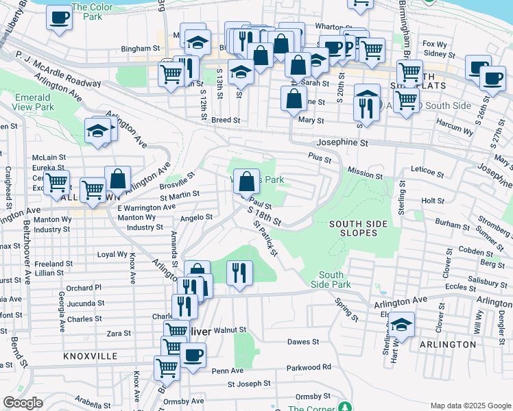 map of restaurants, bars, coffee shops, grocery stores, and more near 164 Saint Paul Street in Pittsburgh