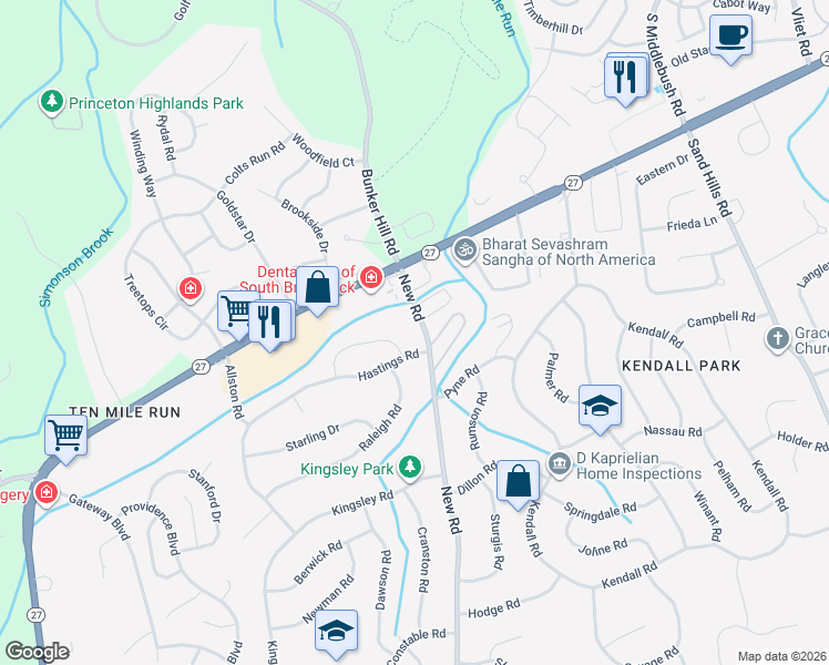map of restaurants, bars, coffee shops, grocery stores, and more near 19 New Road in South Brunswick Township