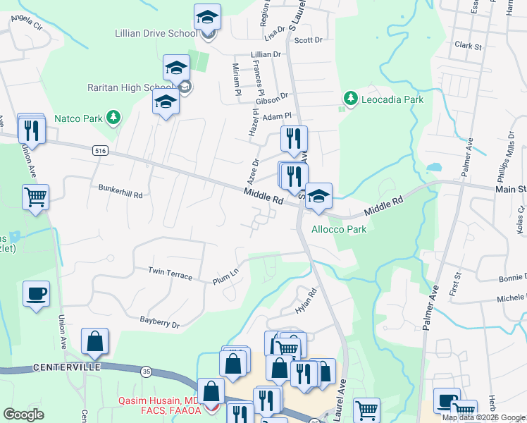 map of restaurants, bars, coffee shops, grocery stores, and more near 115 Lexington Court in Holmdel