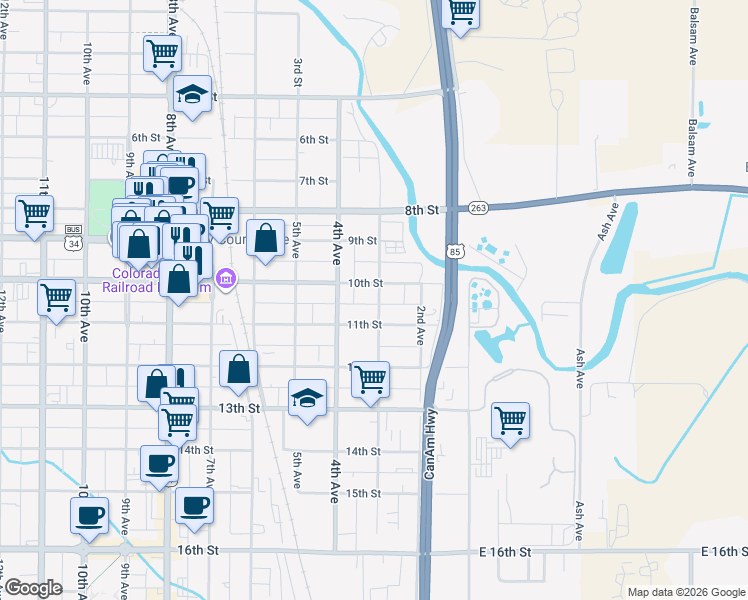 map of restaurants, bars, coffee shops, grocery stores, and more near 1015 3rd Avenue in Greeley