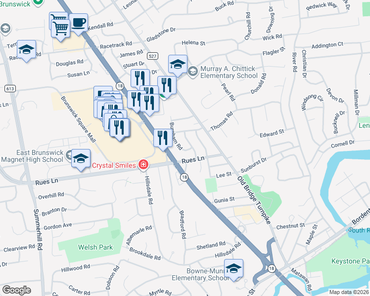 map of restaurants, bars, coffee shops, grocery stores, and more near 6 Burnham Road in East Brunswick