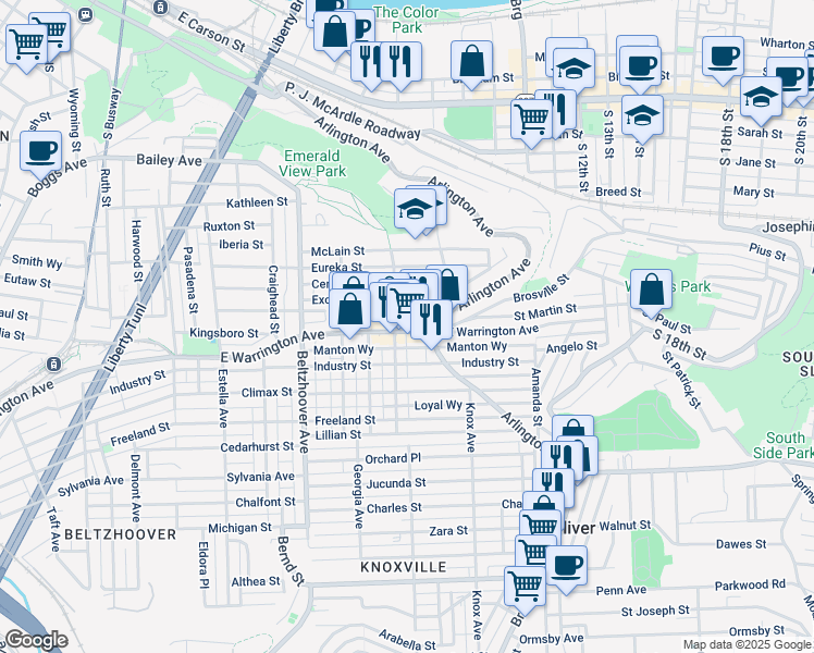 map of restaurants, bars, coffee shops, grocery stores, and more near 803 East Warrington Avenue in Pittsburgh