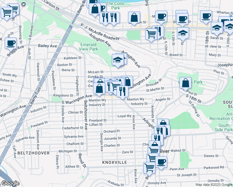 map of restaurants, bars, coffee shops, grocery stores, and more near 815 East Warrington Avenue in Pittsburgh