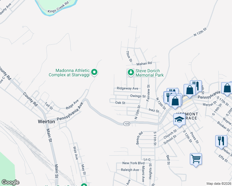 map of restaurants, bars, coffee shops, grocery stores, and more near 115 Owings Street in Weirton