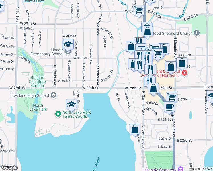 map of restaurants, bars, coffee shops, grocery stores, and more near 507 West 29th Street in Loveland