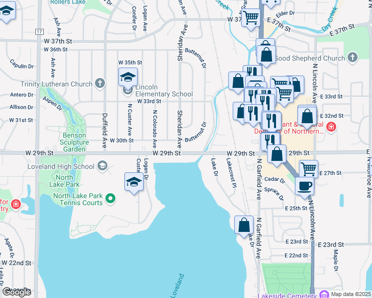 map of restaurants, bars, coffee shops, grocery stores, and more near 527 W 29th St in Loveland