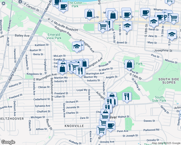 map of restaurants, bars, coffee shops, grocery stores, and more near 929 East Warrington Avenue in Pittsburgh