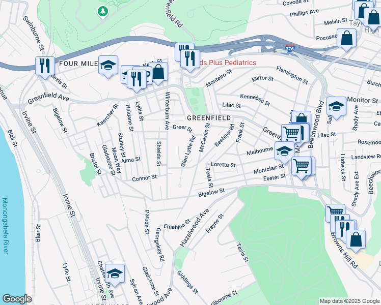 map of restaurants, bars, coffee shops, grocery stores, and more near 4273 Glen Lytle Road in Pittsburgh