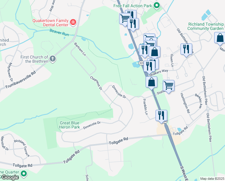 map of restaurants, bars, coffee shops, grocery stores, and more near 3009 Dovecote Drive in Quakertown