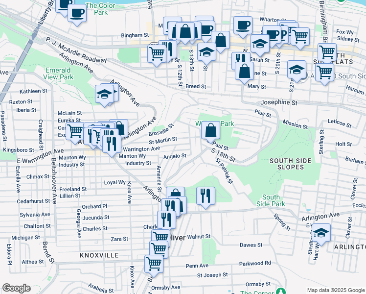 map of restaurants, bars, coffee shops, grocery stores, and more near 1115 E Warrington Ave in Pittsburgh