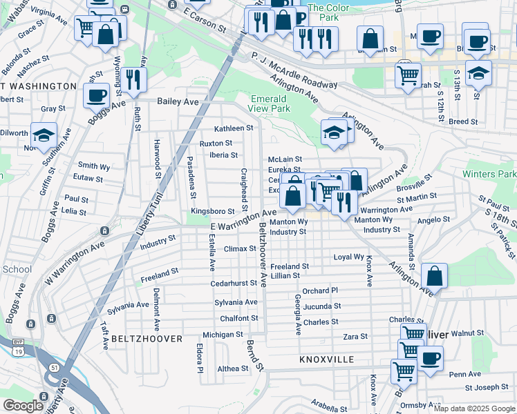 map of restaurants, bars, coffee shops, grocery stores, and more near 108 Beltzhoover Avenue in Pittsburgh