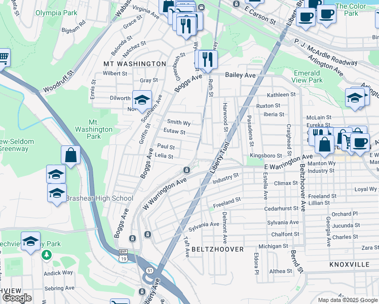map of restaurants, bars, coffee shops, grocery stores, and more near 284 Paul Street in Pittsburgh