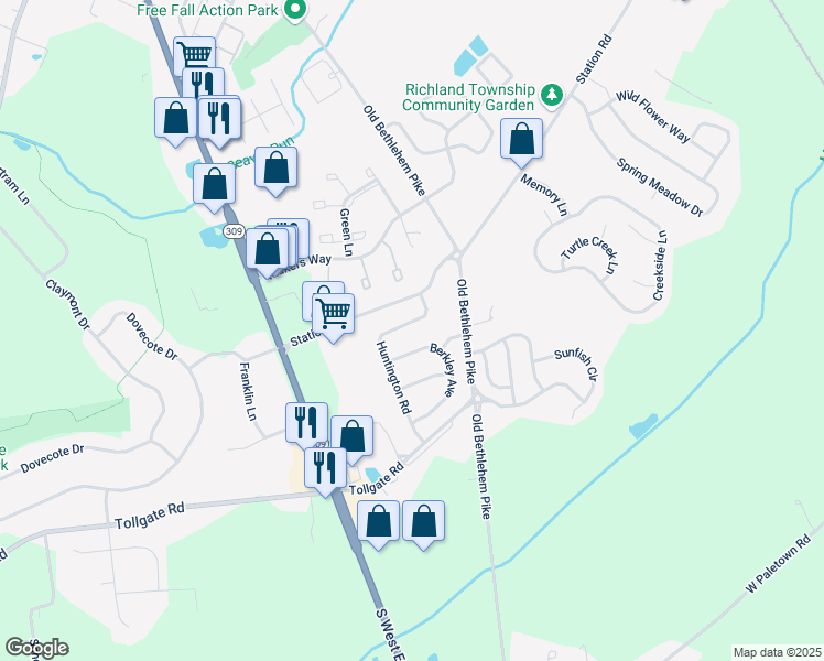 map of restaurants, bars, coffee shops, grocery stores, and more near 1082 Huntington Road in Quakertown