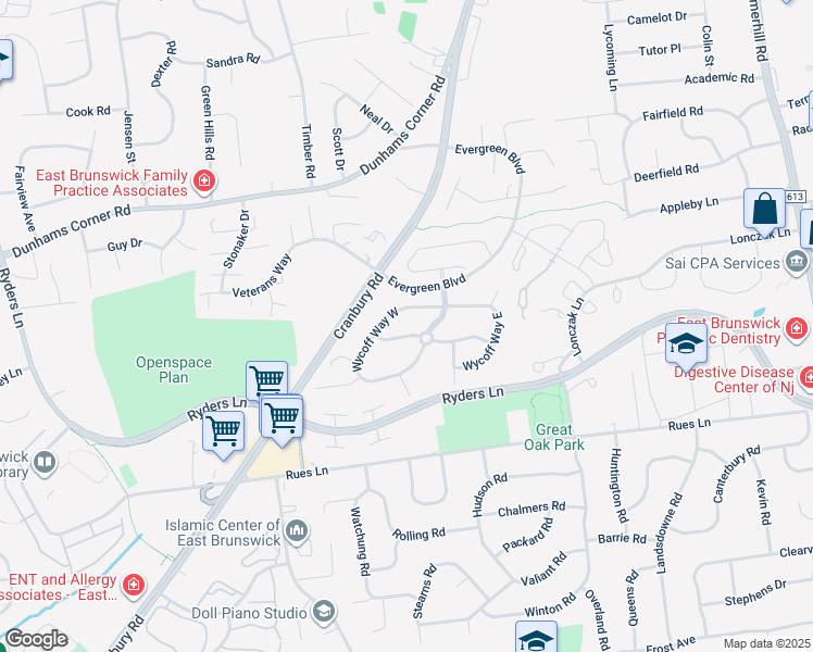 map of restaurants, bars, coffee shops, grocery stores, and more near 299 Hatfield Lane in East Brunswick