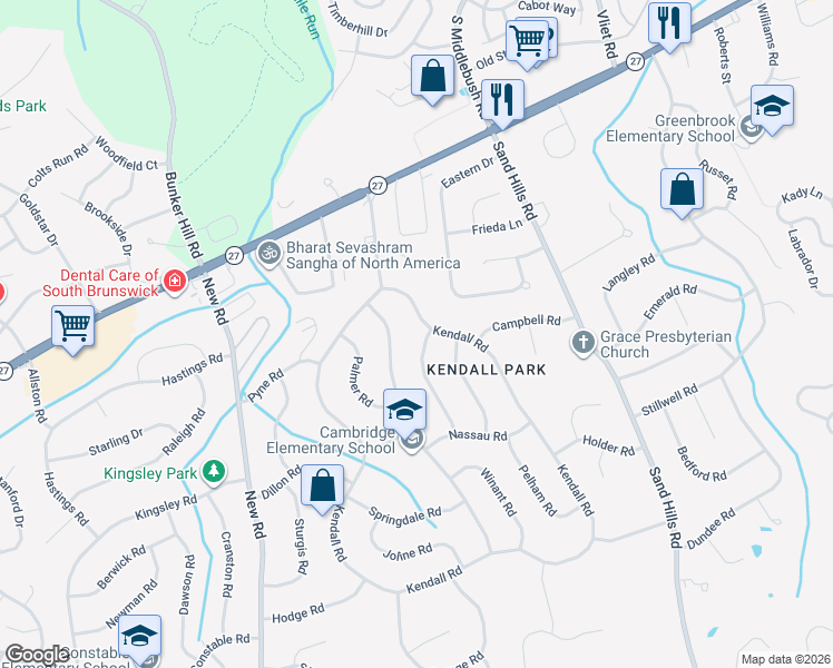 map of restaurants, bars, coffee shops, grocery stores, and more near 1 Forrestal Road in South Brunswick Township
