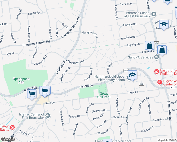 map of restaurants, bars, coffee shops, grocery stores, and more near 99 Griggs Place in East Brunswick