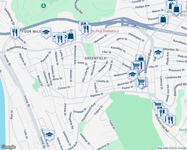 map of restaurants, bars, coffee shops, grocery stores, and more near 4271 Mc Caslin Street in Pittsburgh