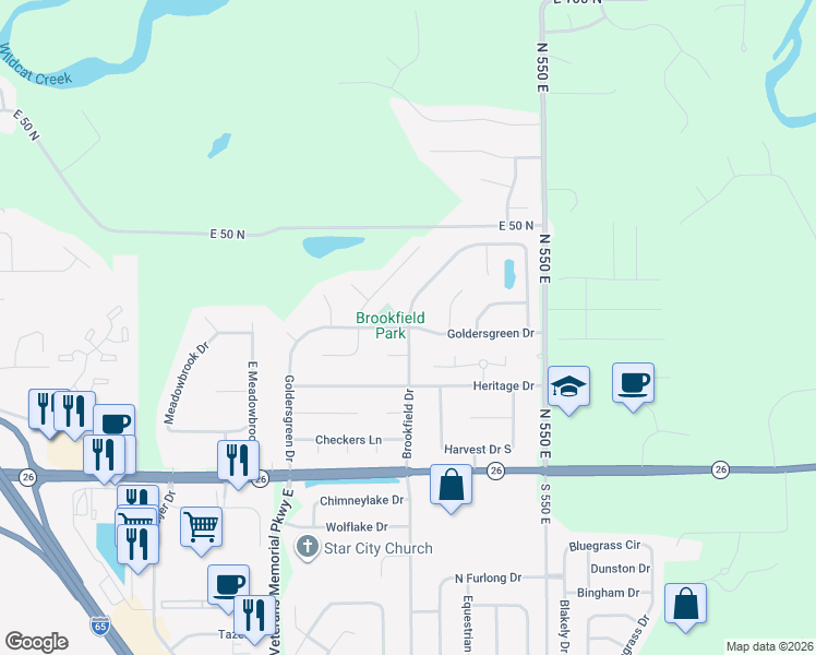 map of restaurants, bars, coffee shops, grocery stores, and more near 5202 Goldersgreen Dr in Lafayette