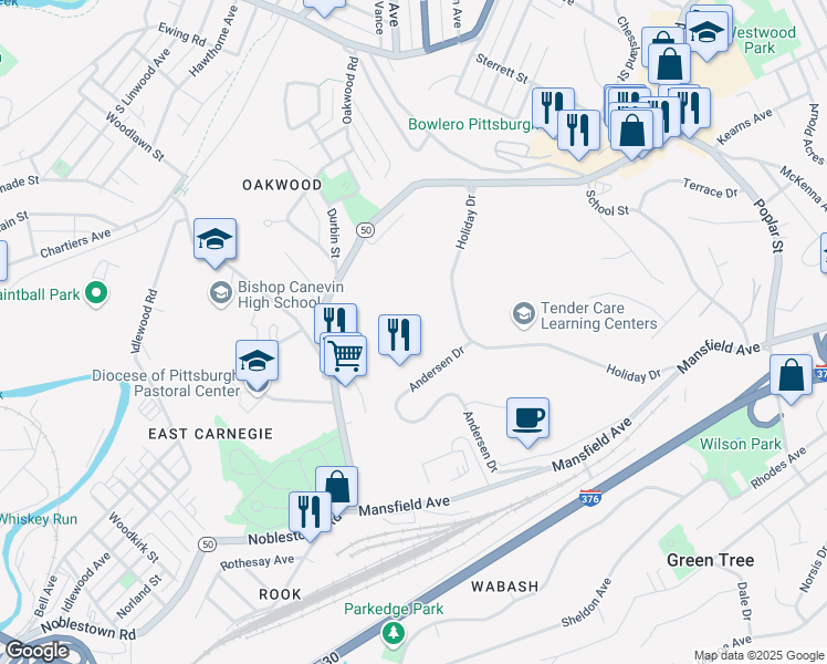 map of restaurants, bars, coffee shops, grocery stores, and more near 730 Holiday Drive in Pittsburgh