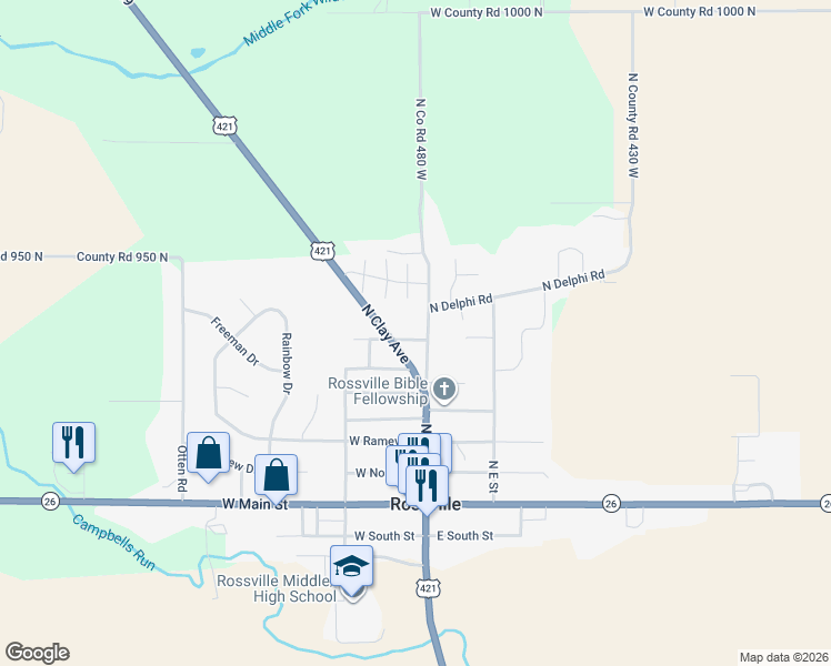 map of restaurants, bars, coffee shops, grocery stores, and more near 207 North Plank Street in Rossville