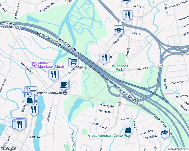 map of restaurants, bars, coffee shops, grocery stores, and more near 1417 Central Avenue in Matawan