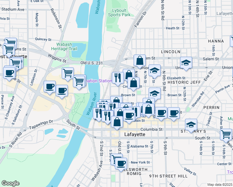 map of restaurants, bars, coffee shops, grocery stores, and more near 316 Brown Street in Lafayette