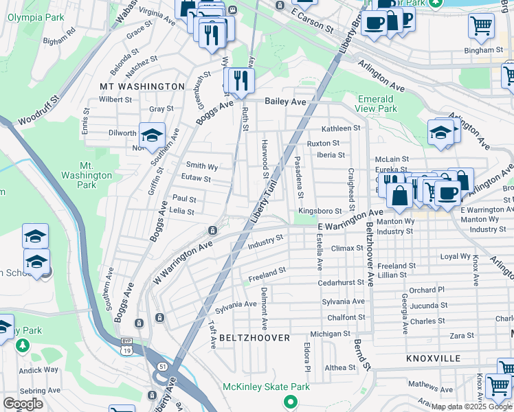 map of restaurants, bars, coffee shops, grocery stores, and more near 64 Secane Avenue in Pittsburgh