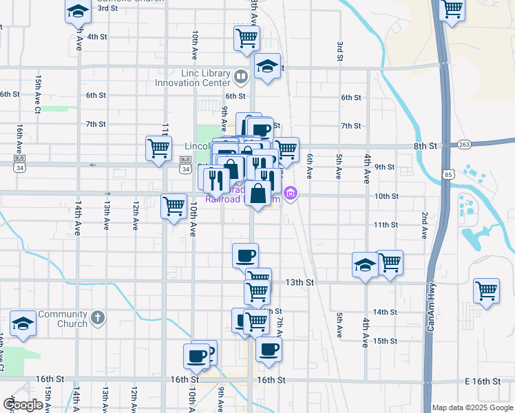 map of restaurants, bars, coffee shops, grocery stores, and more near 1015 8th Ave in Greeley