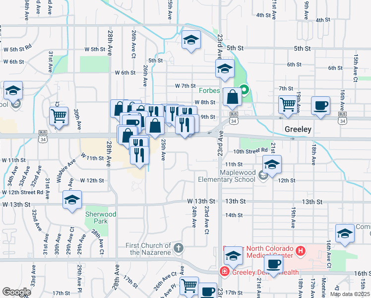 map of restaurants, bars, coffee shops, grocery stores, and more near 2459 West 11th Street in Greeley