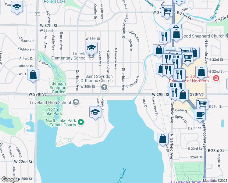 map of restaurants, bars, coffee shops, grocery stores, and more near 613 West 29th Street in Loveland