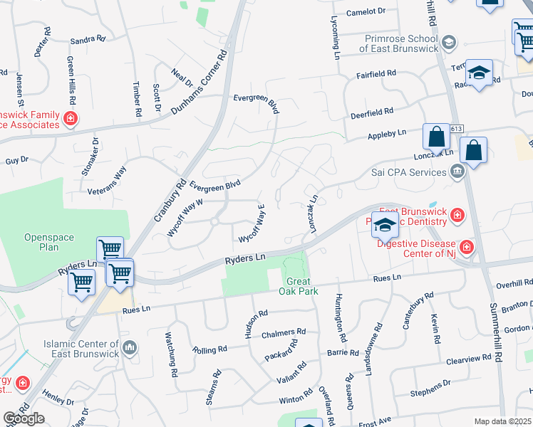 map of restaurants, bars, coffee shops, grocery stores, and more near 267 Rooney Court in East Brunswick