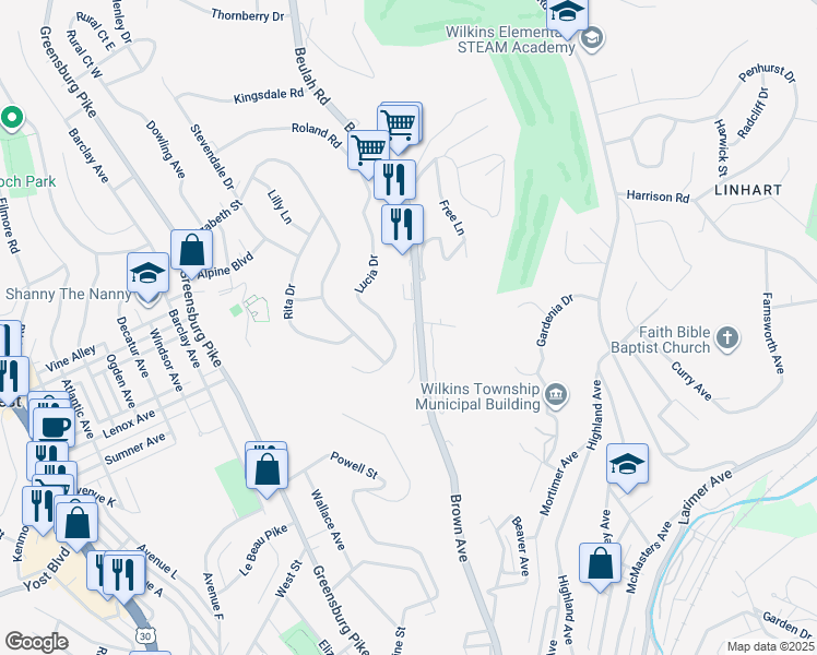 map of restaurants, bars, coffee shops, grocery stores, and more near 103 Lucinda Drive in Turtle Creek