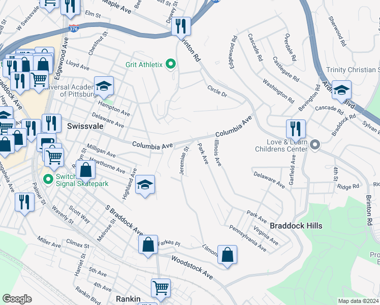 map of restaurants, bars, coffee shops, grocery stores, and more near 690 Park Avenue in Pittsburgh