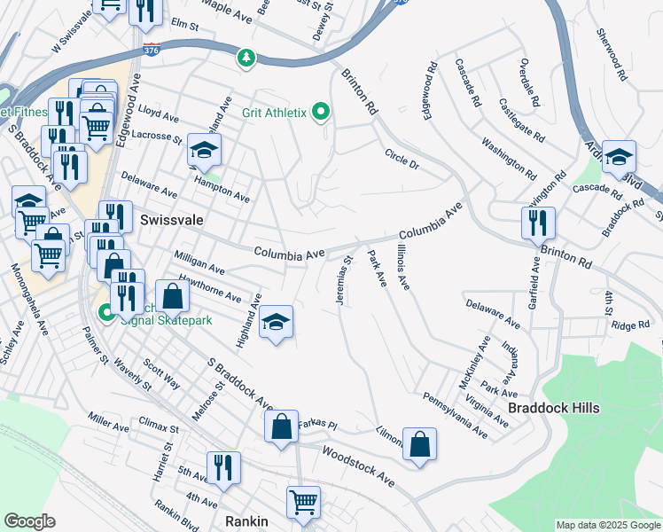 map of restaurants, bars, coffee shops, grocery stores, and more near 2522 Columbia Avenue in Pittsburgh