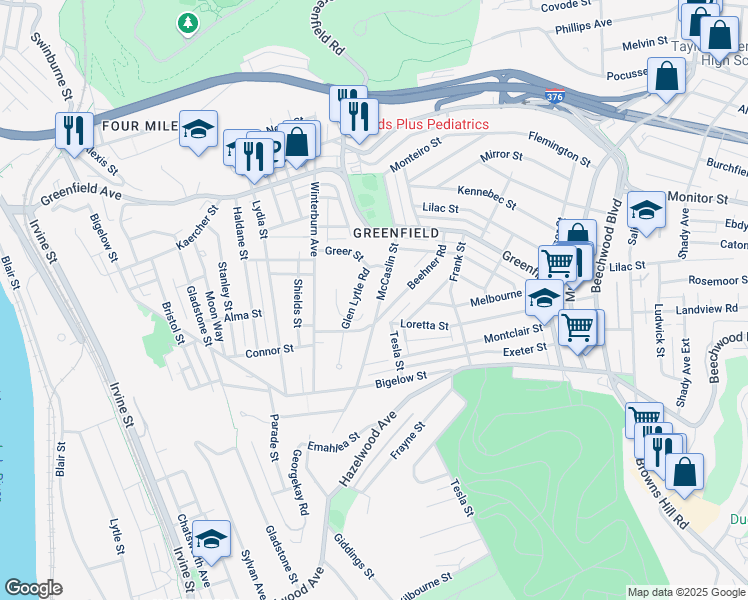 map of restaurants, bars, coffee shops, grocery stores, and more near 4271 Mc Caslin Street in Pittsburgh