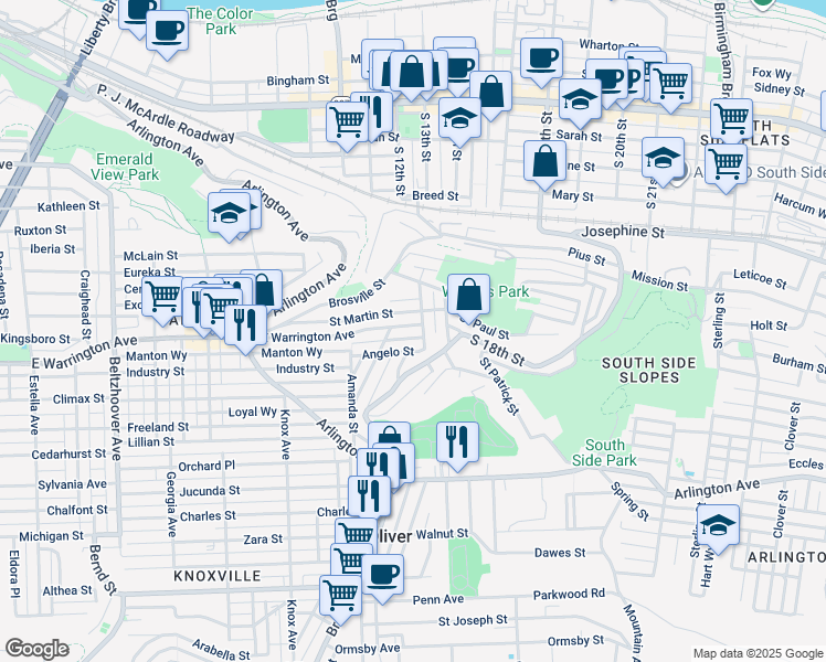 map of restaurants, bars, coffee shops, grocery stores, and more near 1115 East Warrington Avenue in Pittsburgh