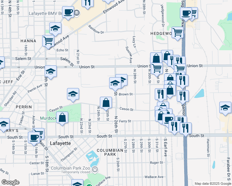 map of restaurants, bars, coffee shops, grocery stores, and more near in Lafayette