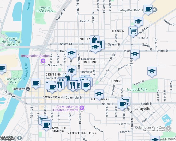 map of restaurants, bars, coffee shops, grocery stores, and more near 1110 Brown Street in Lafayette