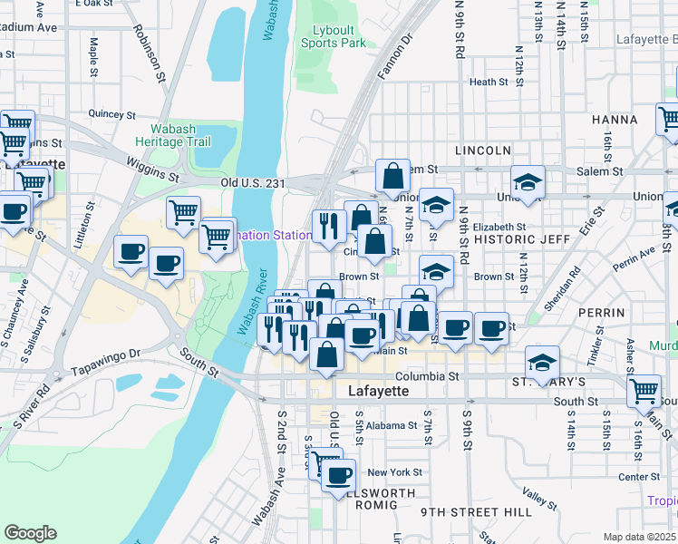 map of restaurants, bars, coffee shops, grocery stores, and more near 316 Brown Street in Lafayette