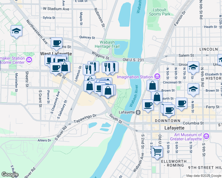 map of restaurants, bars, coffee shops, grocery stores, and more near 385 Brown Street in West Lafayette