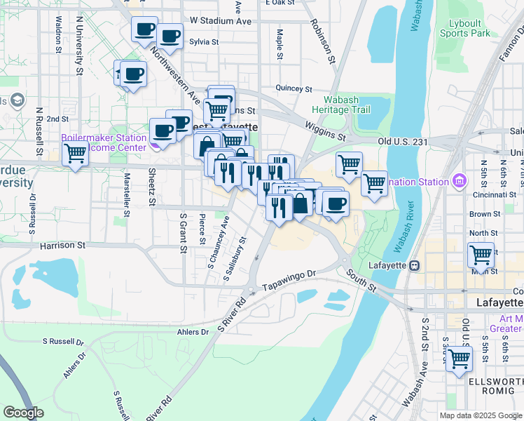 map of restaurants, bars, coffee shops, grocery stores, and more near 112 East Wood Street in West Lafayette